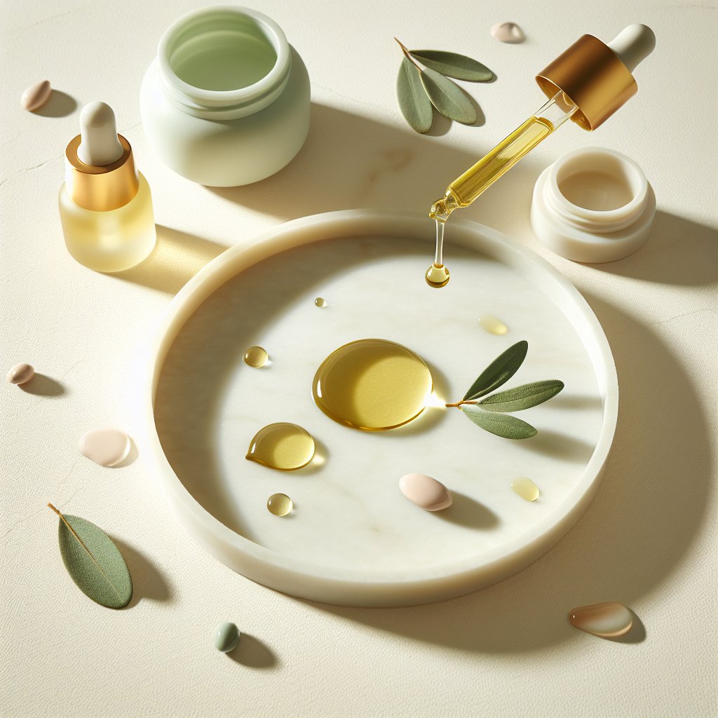 Golden facial oil drops on ceramic